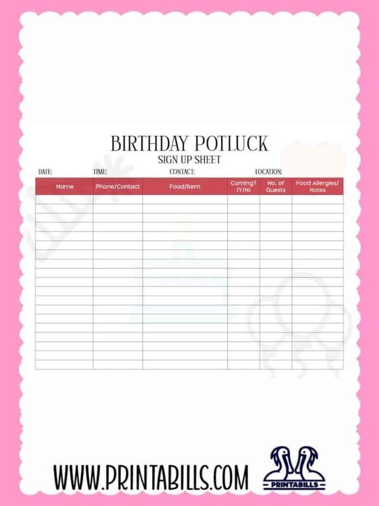 Birthday Party Potluck Sign Up Sheet PDF Printable