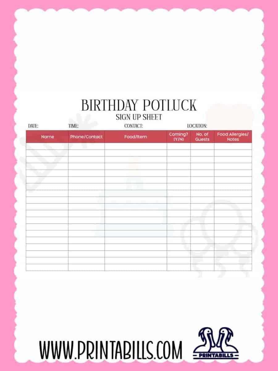 Birthday Party Potluck Sign Up Sheet PDF Printable