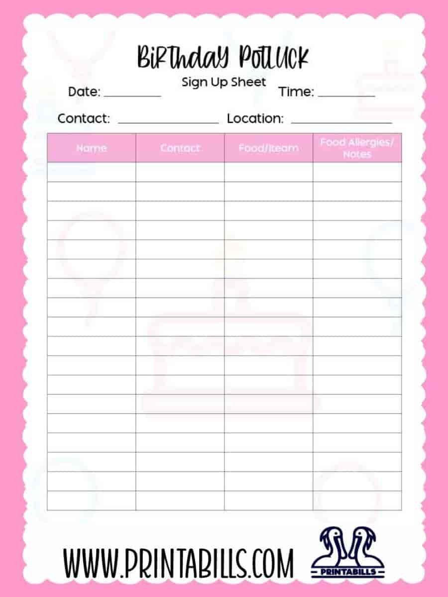 Birthday Potluck Sign Up Sheet Printable