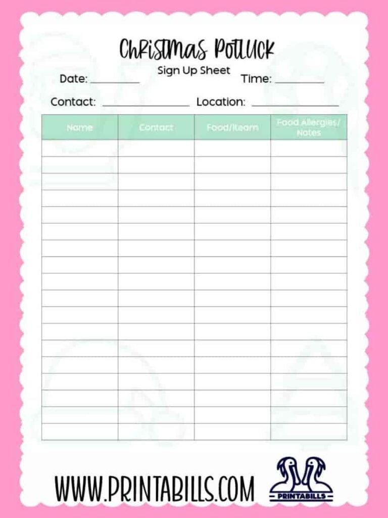 Christmas Potluck Sign Up Sheet Printable