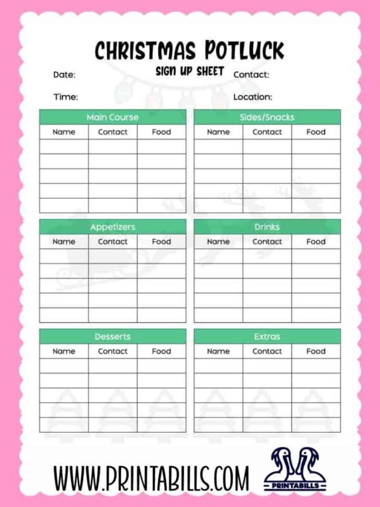 Christmas Potluck Sign Up Sheet Template Printable