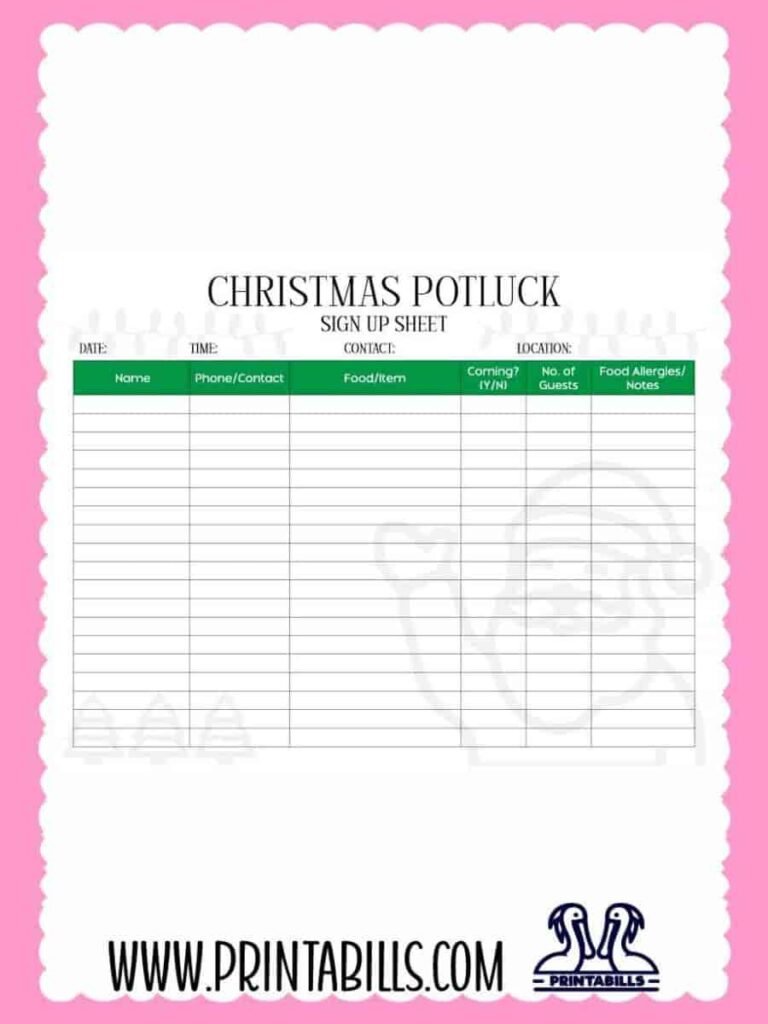 Christmas Party Potluck Sign Up Sheet PDF Printable