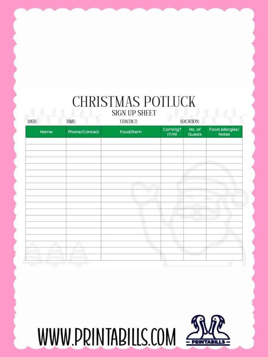 Christmas Party Potluck Sign Up Sheet PDF Printable
