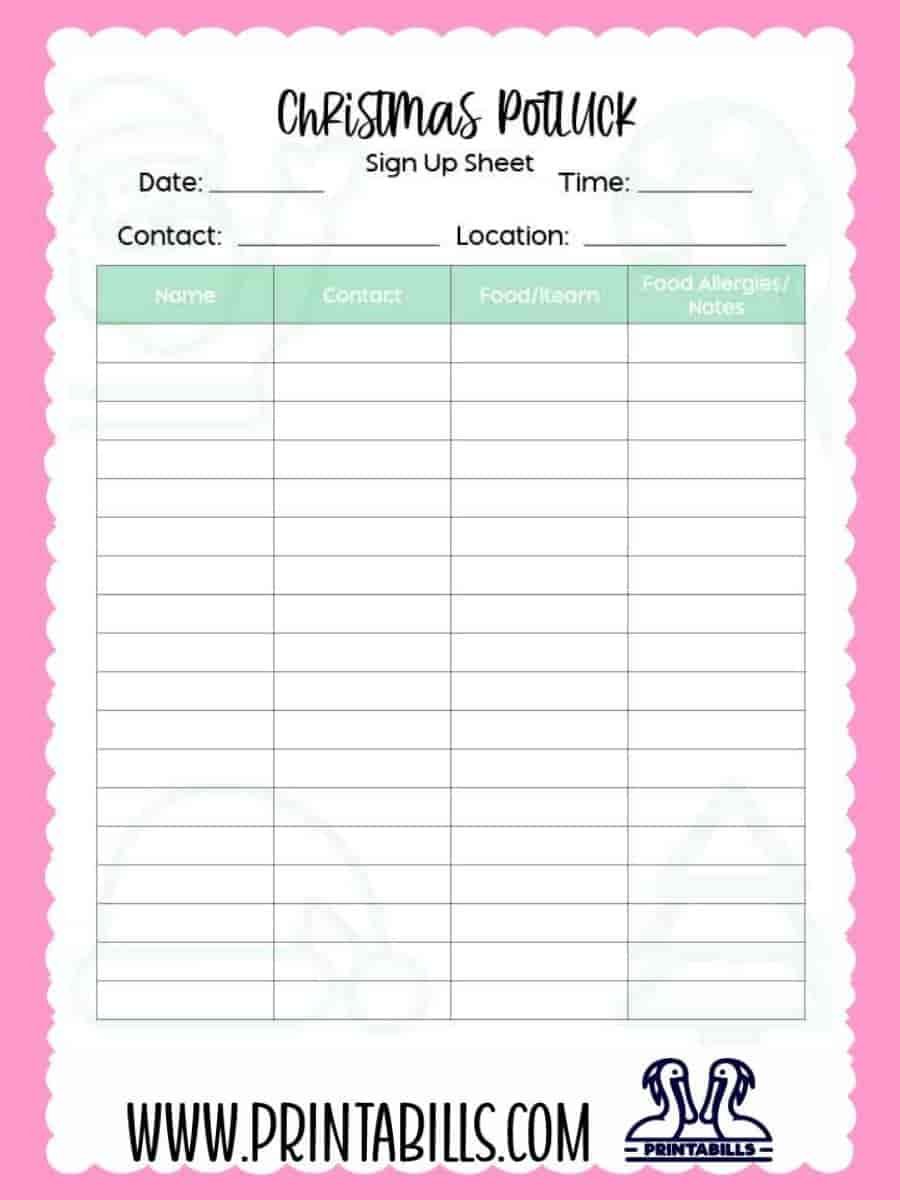 Christmas Potluck Sign Up Sheet Printable