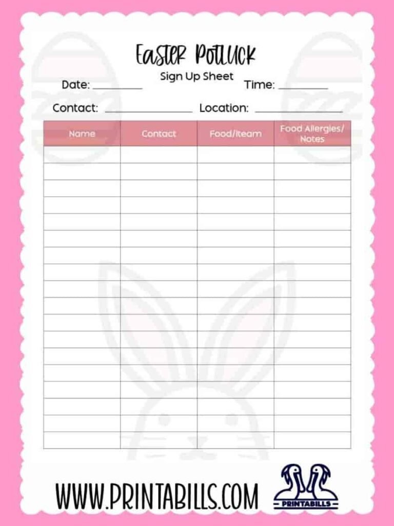Easter Potluck Sign Up Sheet Printable