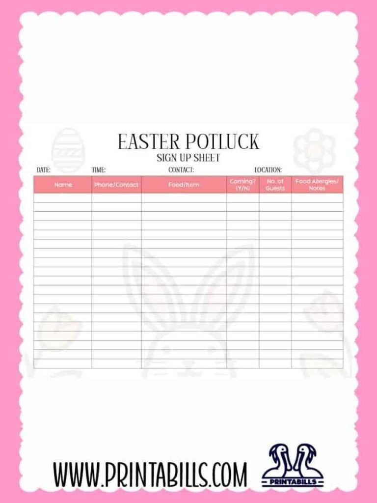 Easter Party Potluck Sign Up Sheet PDF Printable