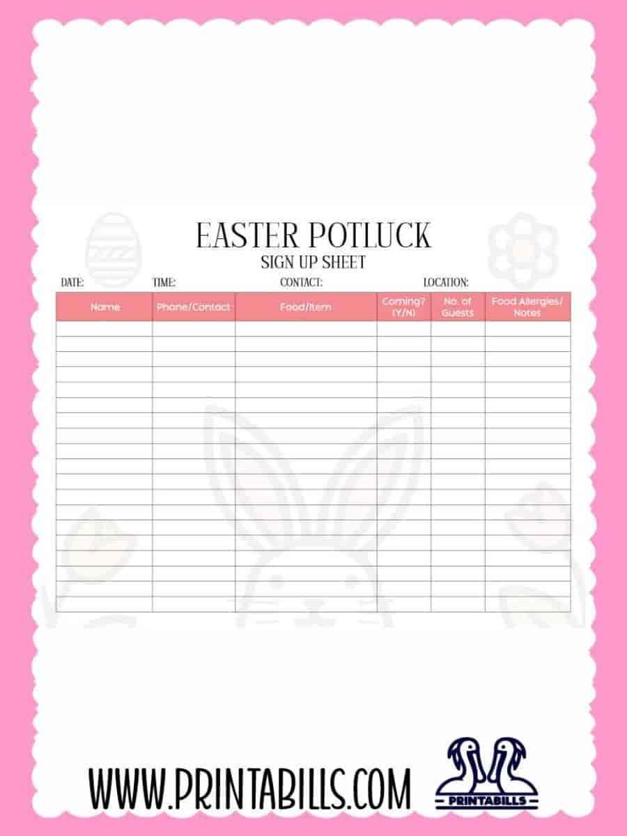 Easter Party Potluck Sign Up Sheet PDF Printable