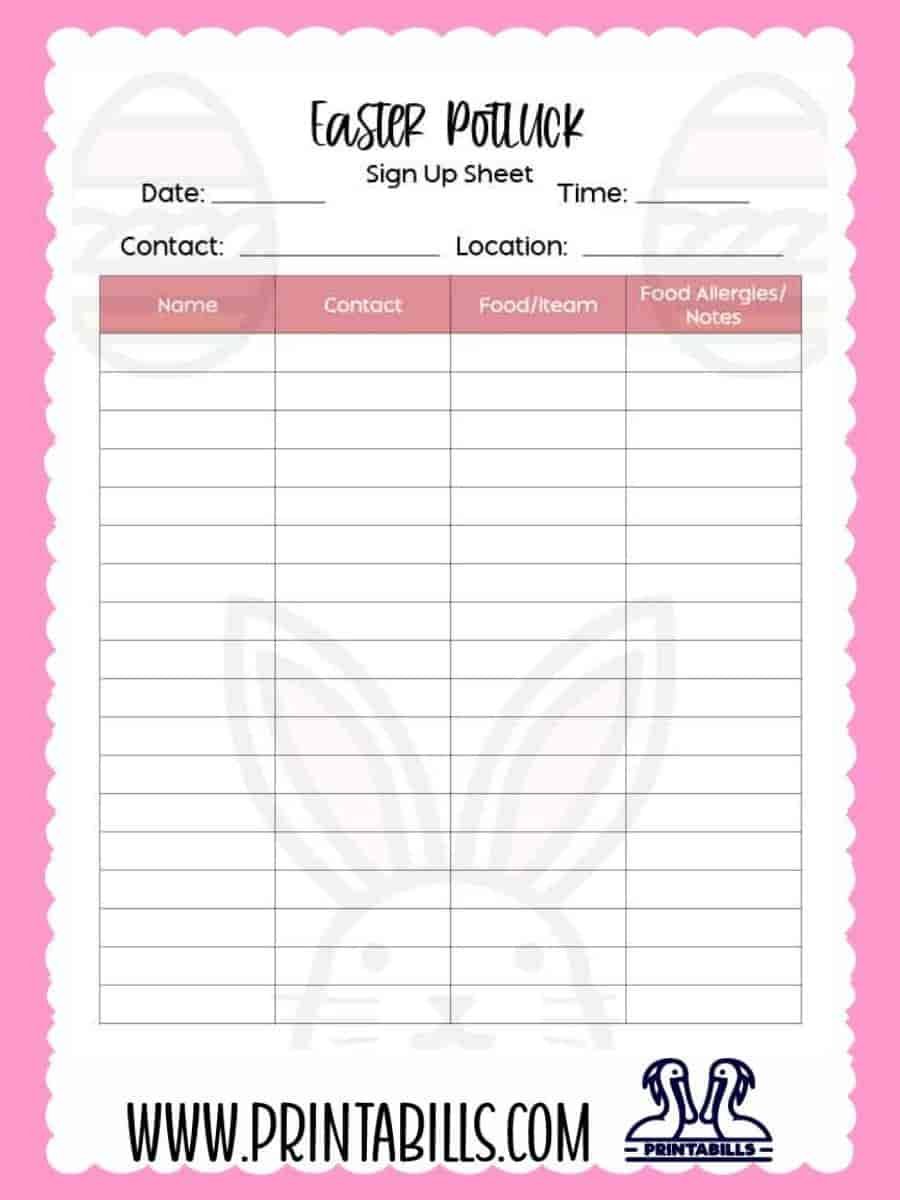 Easter Potluck Sign Up Sheet Printable