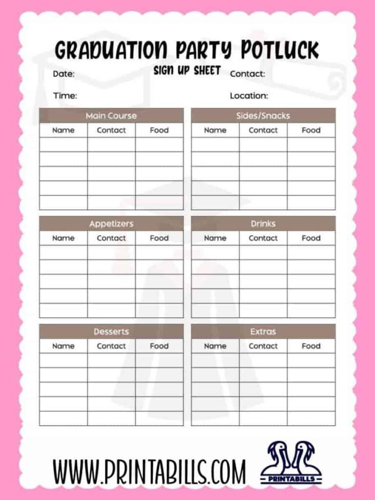 Graduation Party Potluck Sign Up Sheet Template Printable