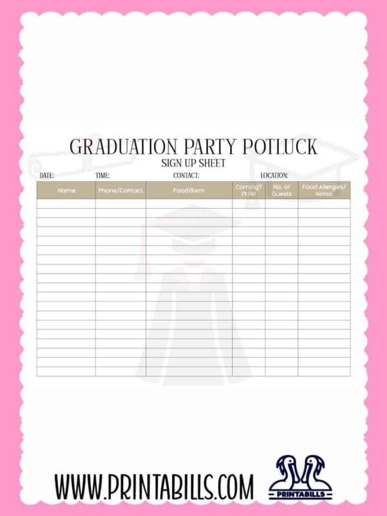 Graduation Party Potluck Sign Up Sheet PDF Printable
