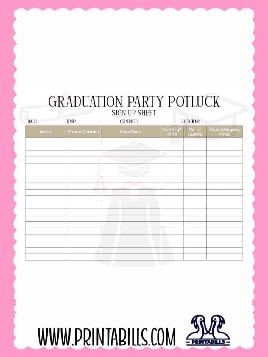 Graduation Party Potluck Sign Up Sheet PDF Printable