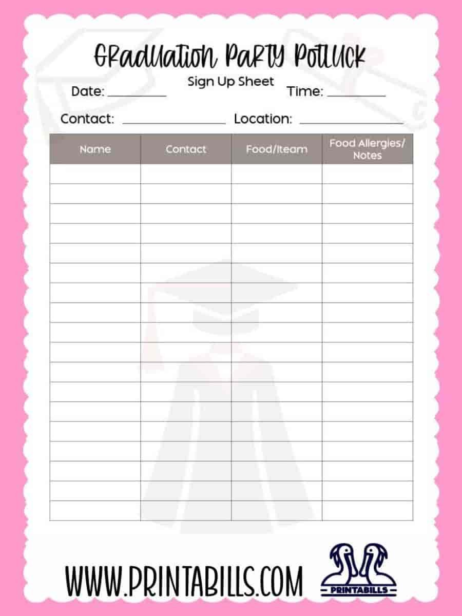 Graduation Party Potluck Sign Up Sheet Printable