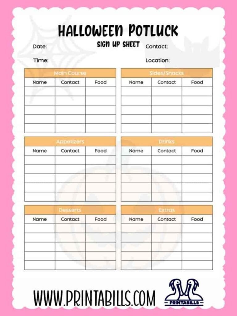 Halloween Potluck Sign Up Sheet Template Printable