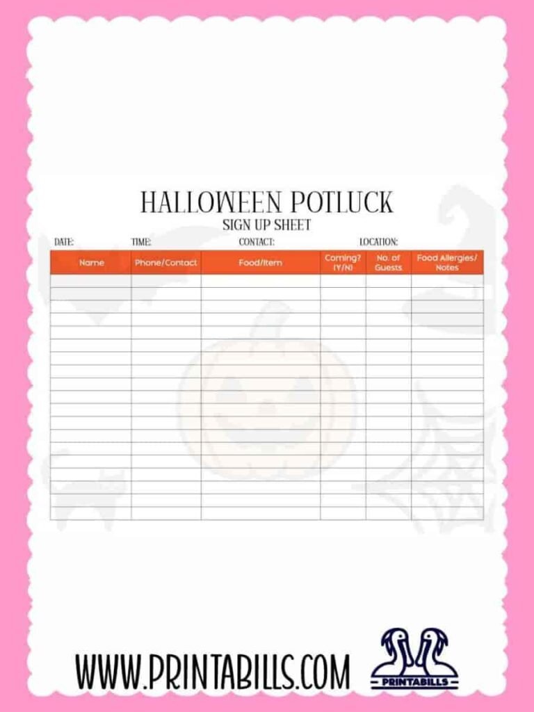 Halloween Party Potluck Sign Up Sheet PDF Printable