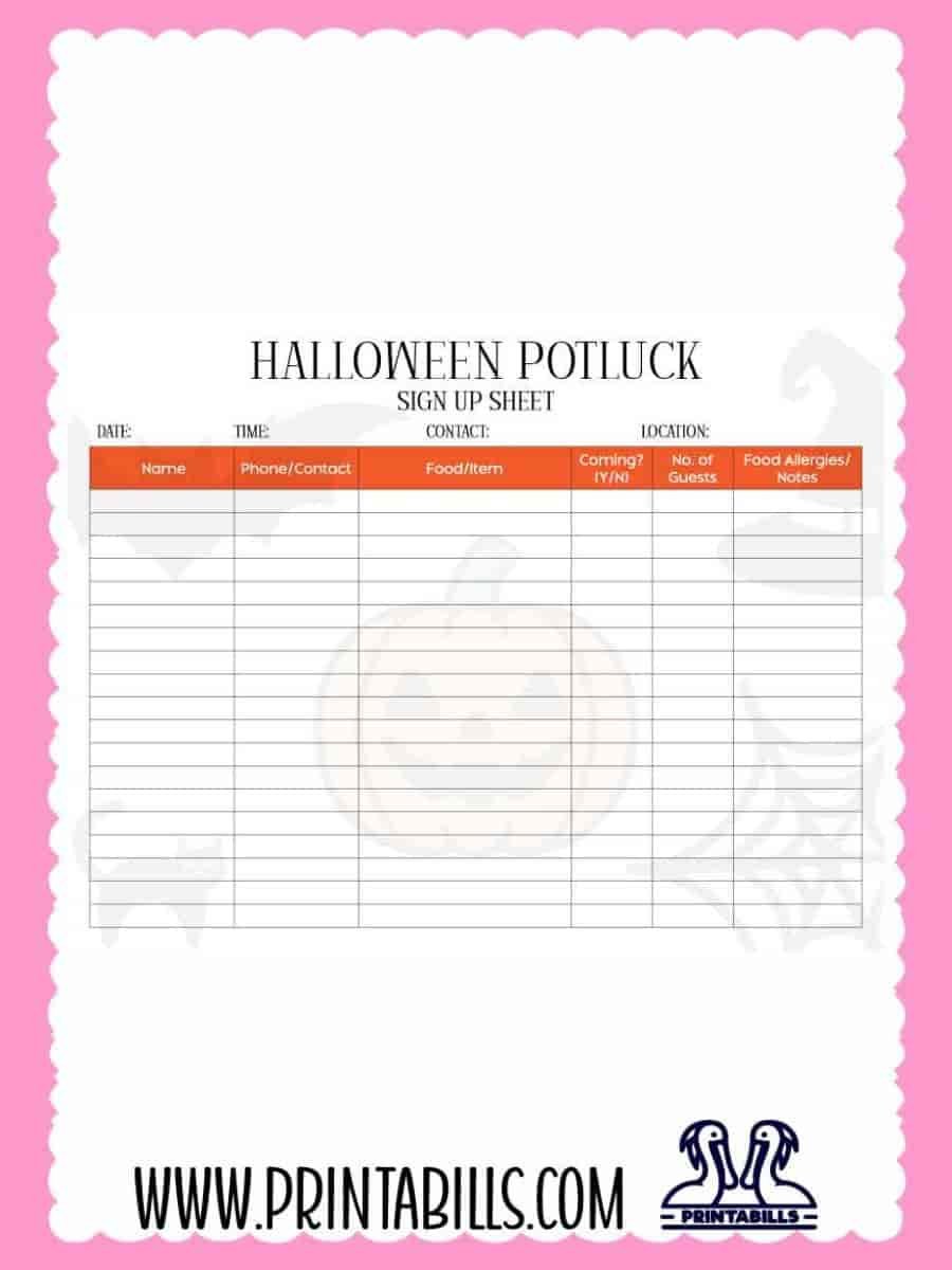 Halloween Party Potluck Sign Up Sheet PDF Printable