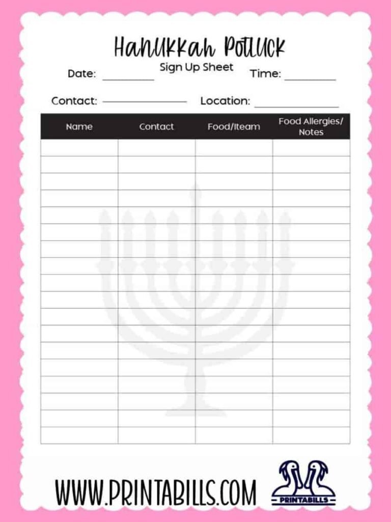 Hanukkah Potluck Sign Up Sheet Printable