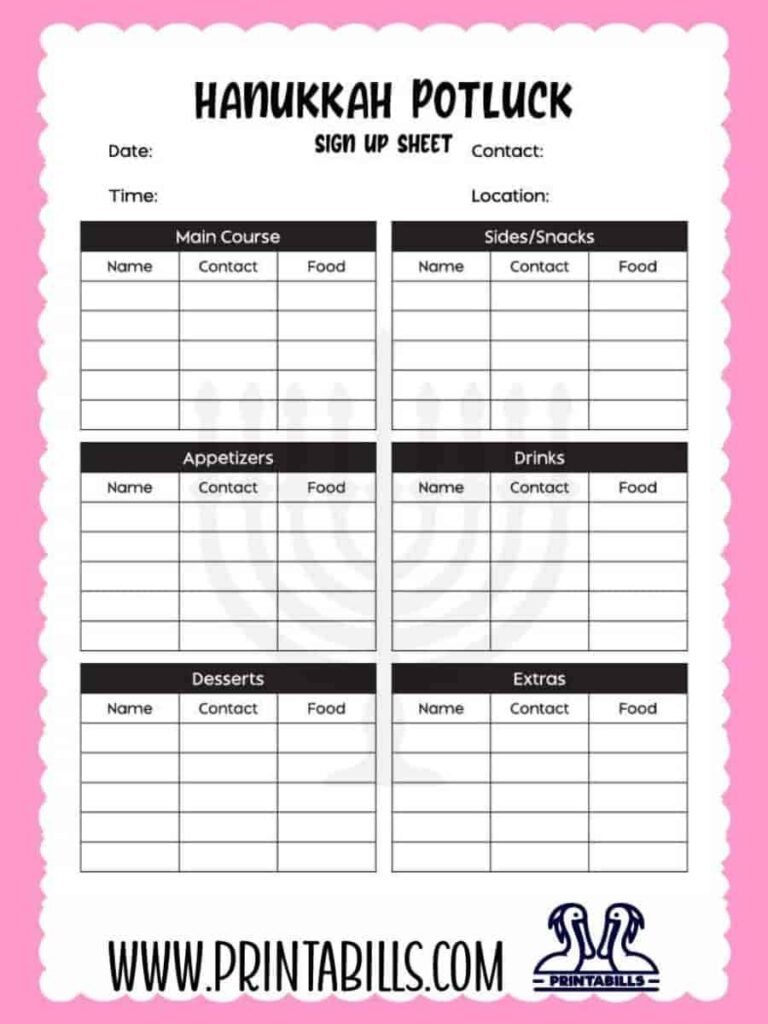 Hanukkah Potluck Sign Up Sheet Template Printable