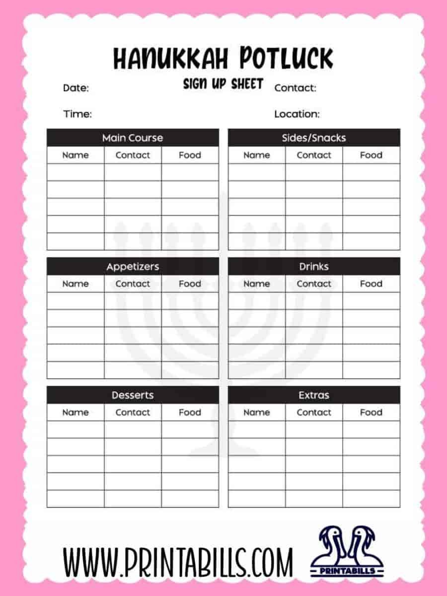 Hanukkah Potluck Sign Up Sheet Template Printable