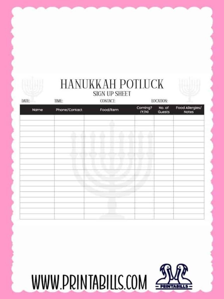 Hanukkah Potluck Sign Up Sheet PDF Printable