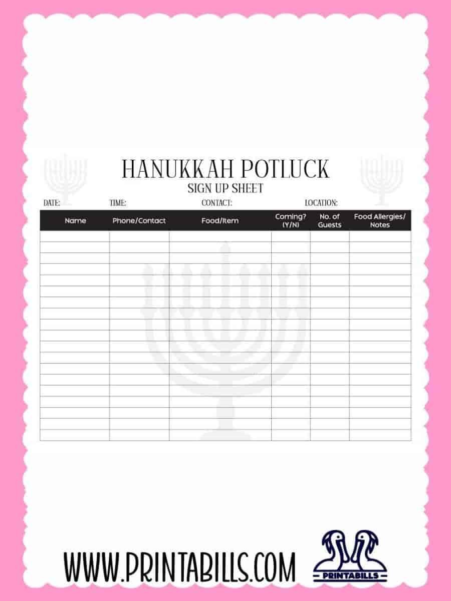 Hanukkah Potluck Sign Up Sheet PDF Printable