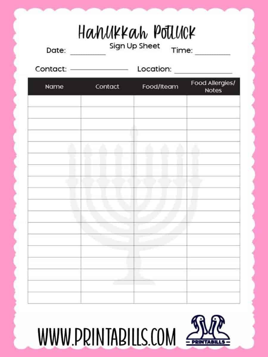Hanukkah Potluck Sign Up Sheet Printable