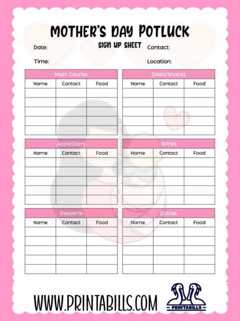 Mother's Day Potluck Sign Up Sheet Template Printable