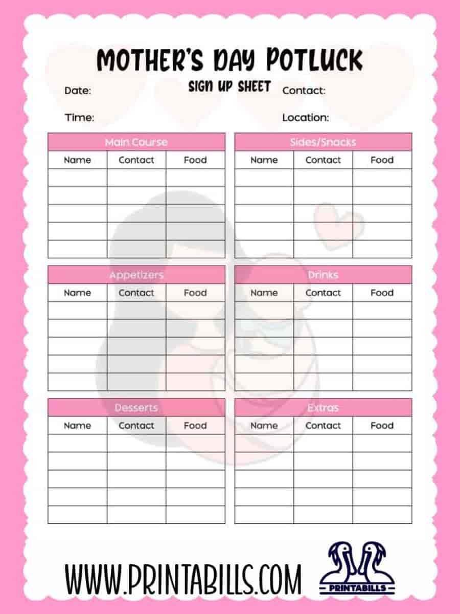 Mother's Day Potluck Sign Up Sheet Template Printable