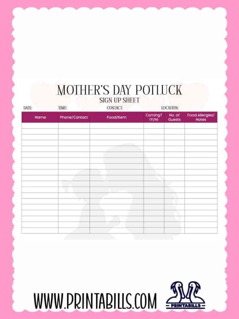 Mother's Day Potluck Sign Up Sheet PDF Printable