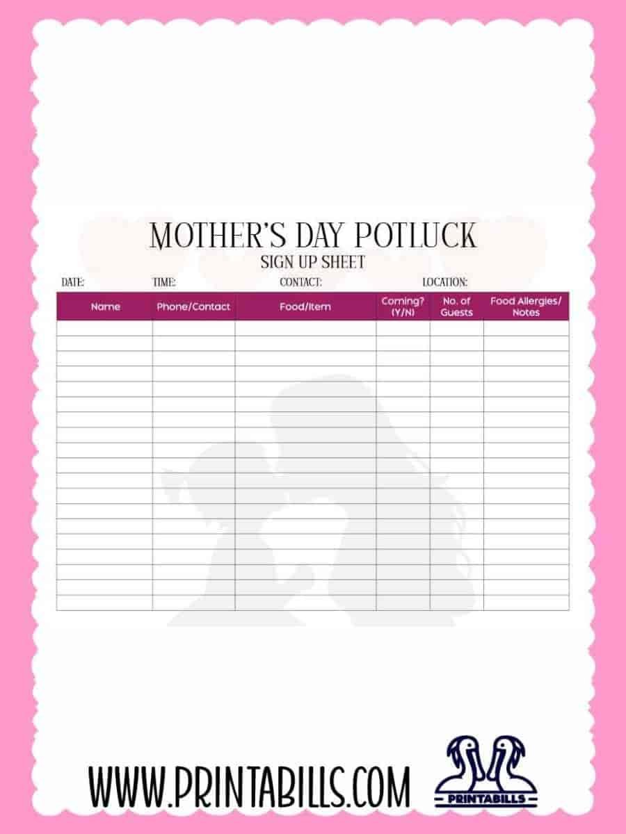 Mother's Day Potluck Sign Up Sheet PDF Printable