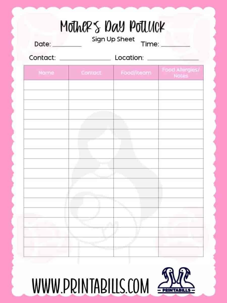 Mother's Day Potluck Sign Up Sheet Printable