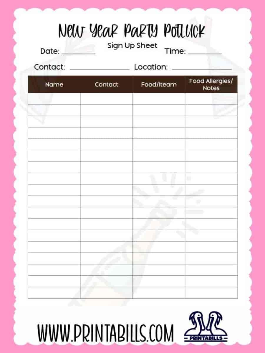 New Year Potluck Sign Up Sheet Printable