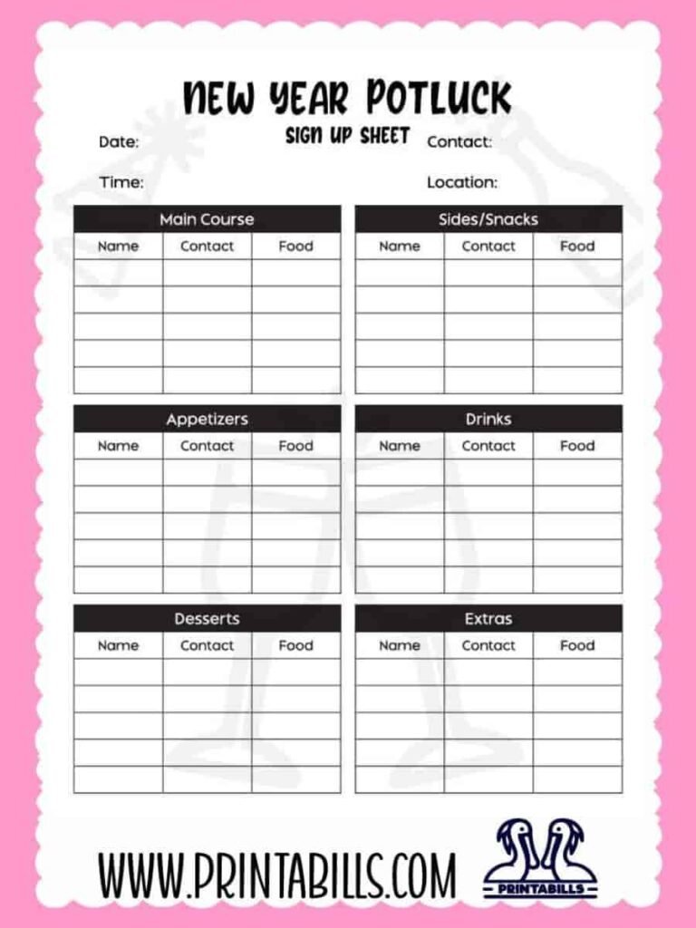 New Year Potluck Sign Up Sheet Template Printable