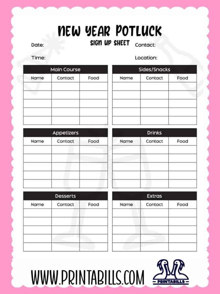 New Year Potluck Sign Up Sheet Template Printable