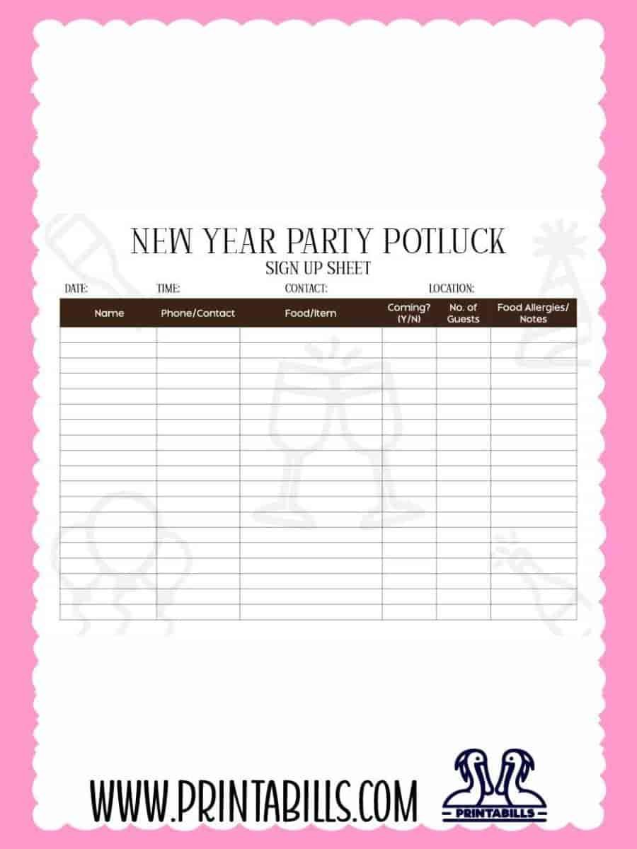 New Year Party Potluck Sign Up Sheet PDF Printable