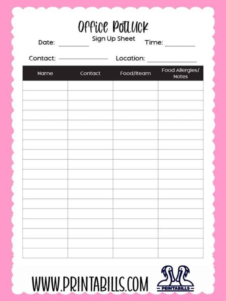 Office Potluck Sign Up Sheet Printable