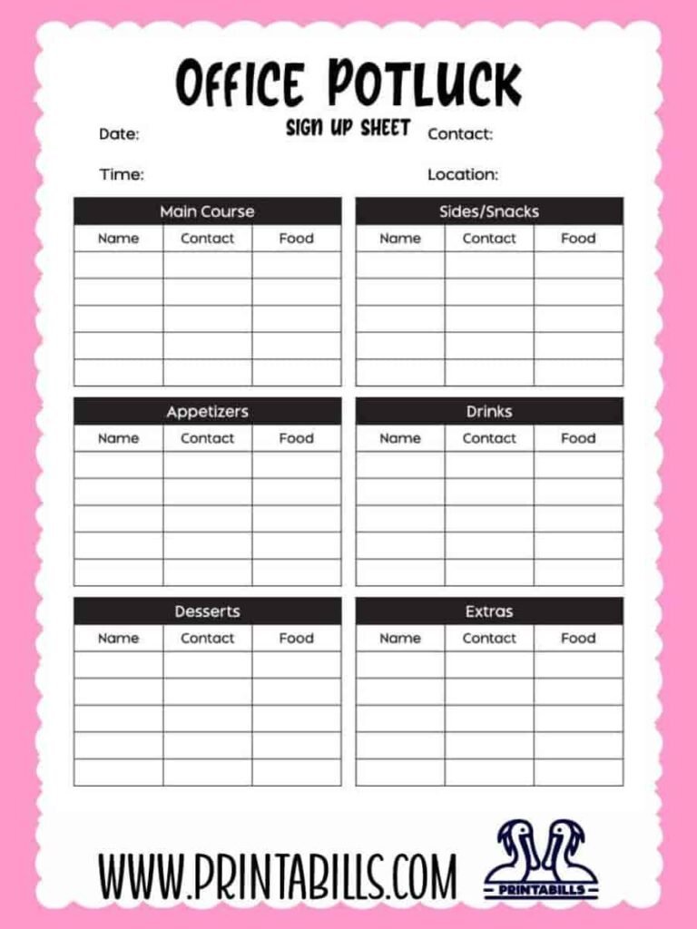 Office Potluck Sign Up Sheet Template Printable