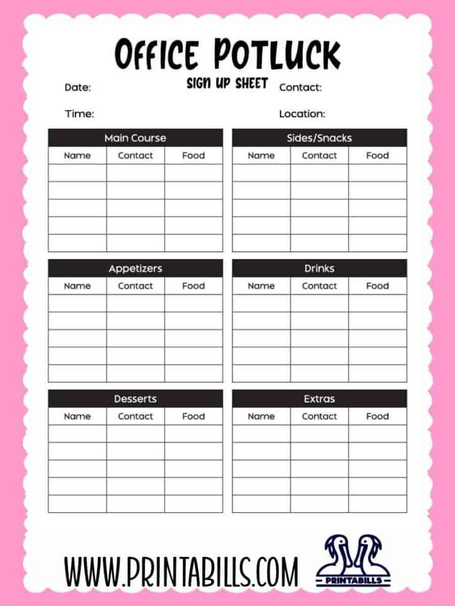 Office Potluck Sign Up Sheet Template Printable