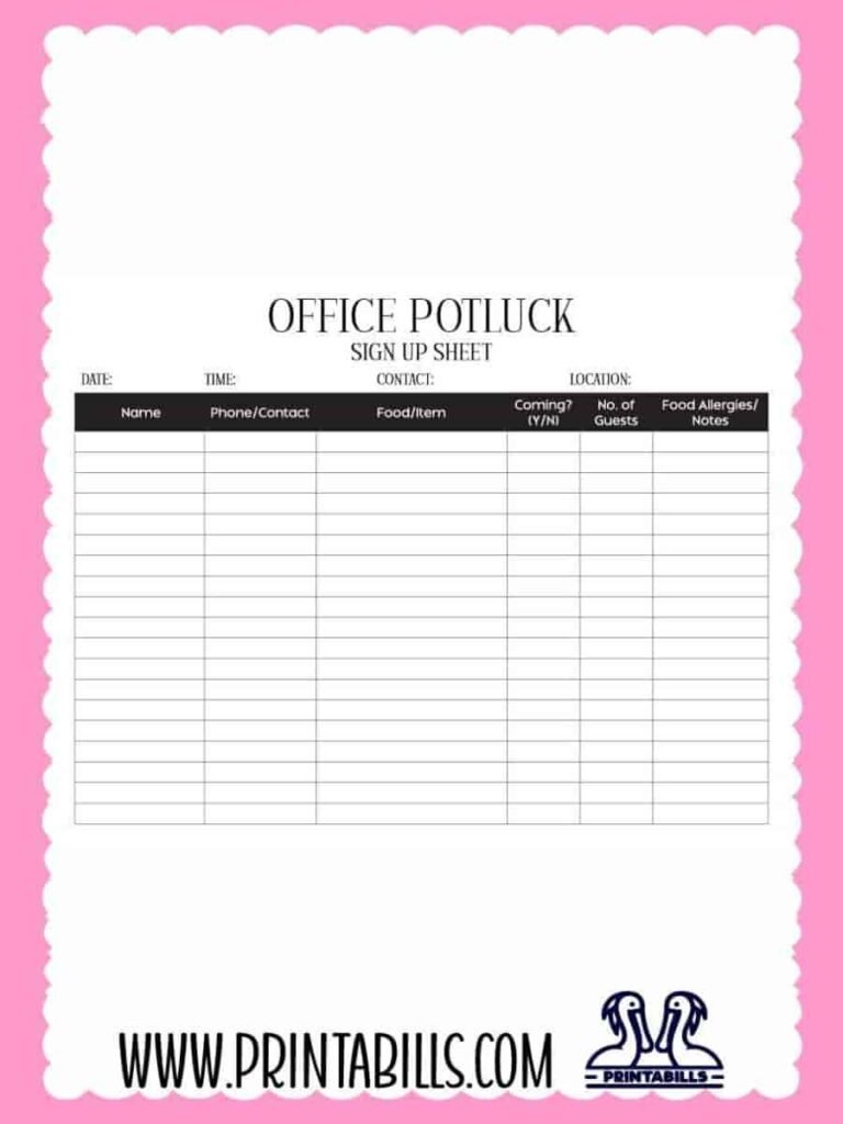 Office Potluck Sign Up Sheet PDF Printable