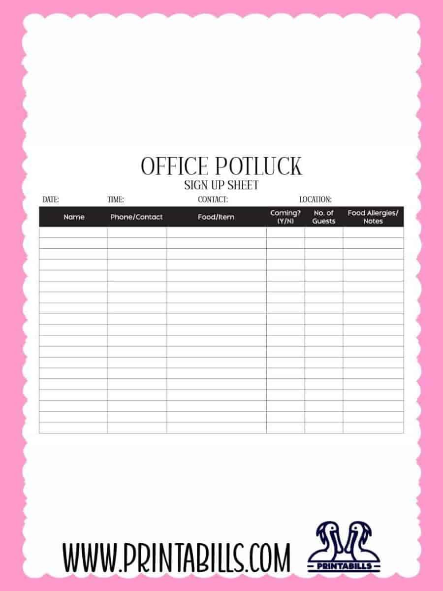 Office Potluck Sign Up Sheet PDF Printable