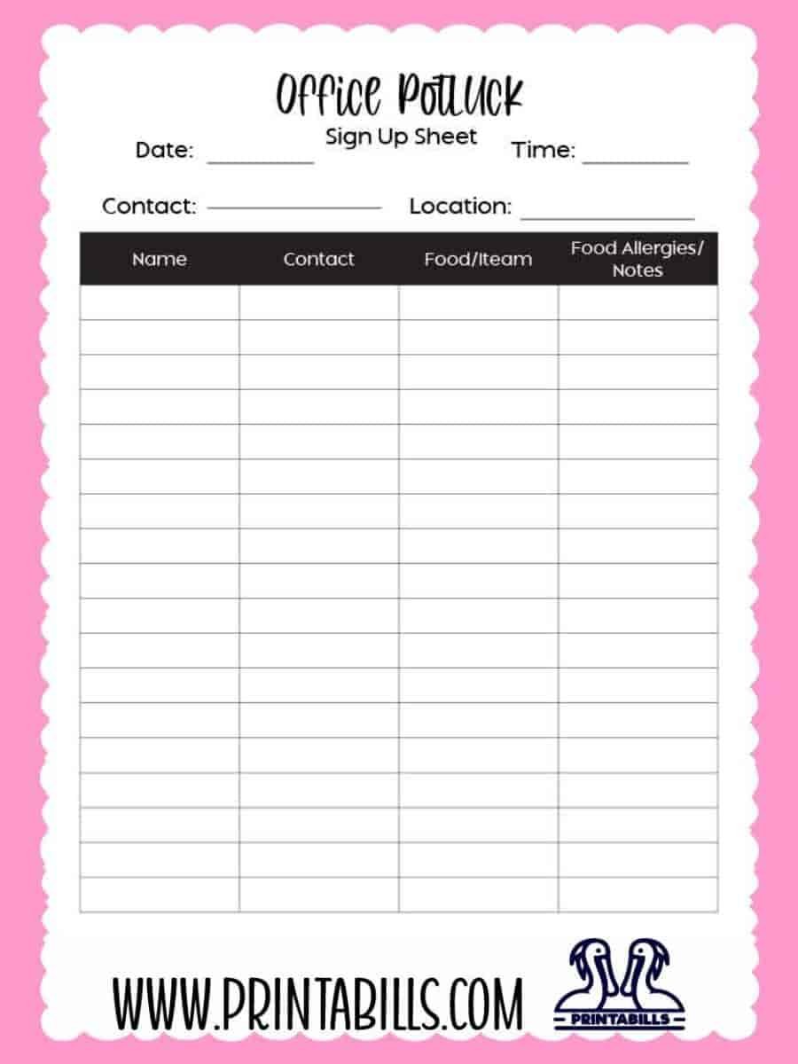 Office Potluck Sign Up Sheet Printable