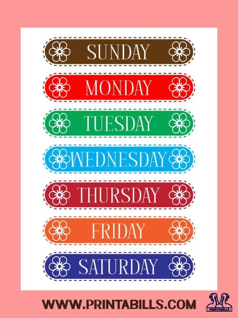 Flower Days Of The Week Printable
