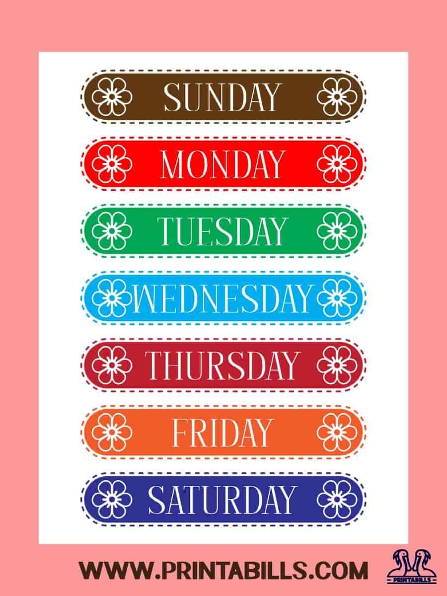Flower Days Of The Week Printable