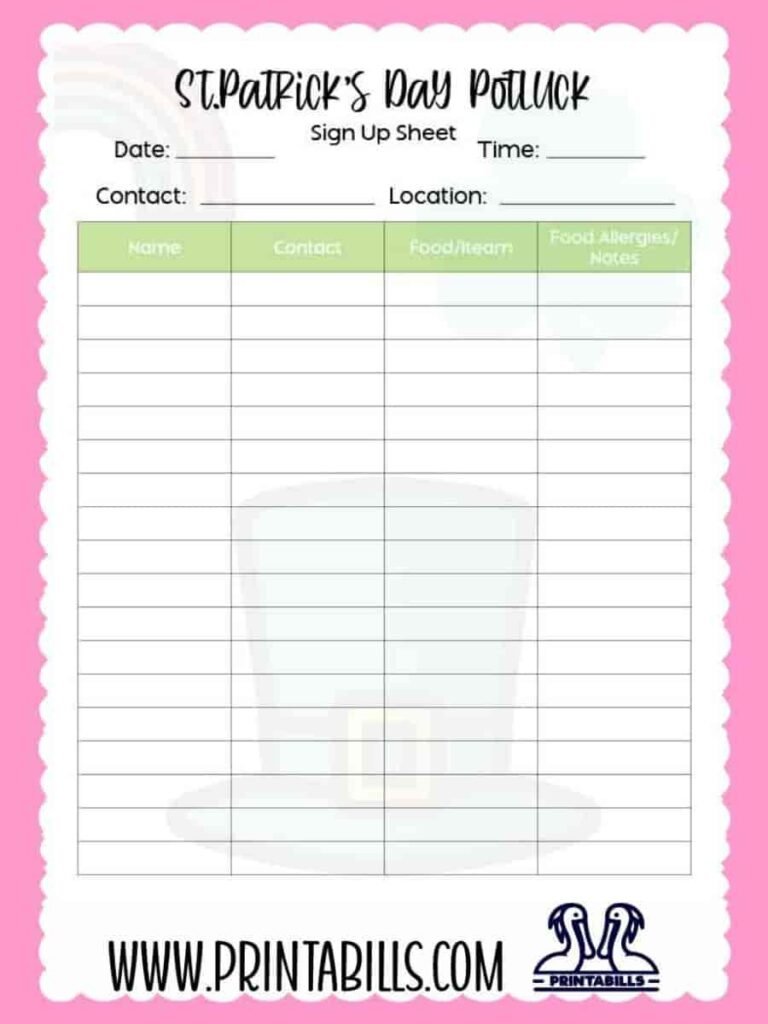 St. Patrick's Day Party Potluck Sign Up Sheet Printable
