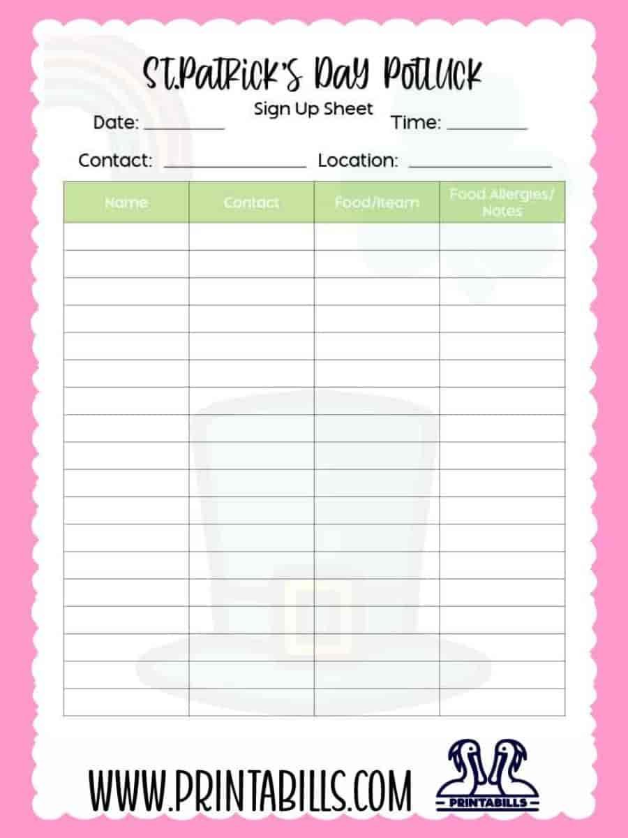 St. Patrick's Day Party Potluck Sign Up Sheet Printable