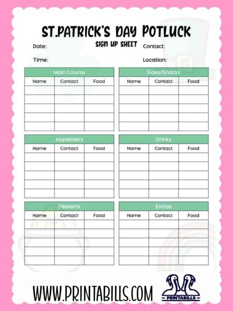 St. Patrick's Day Potluck Sign Up Sheet Template Printable