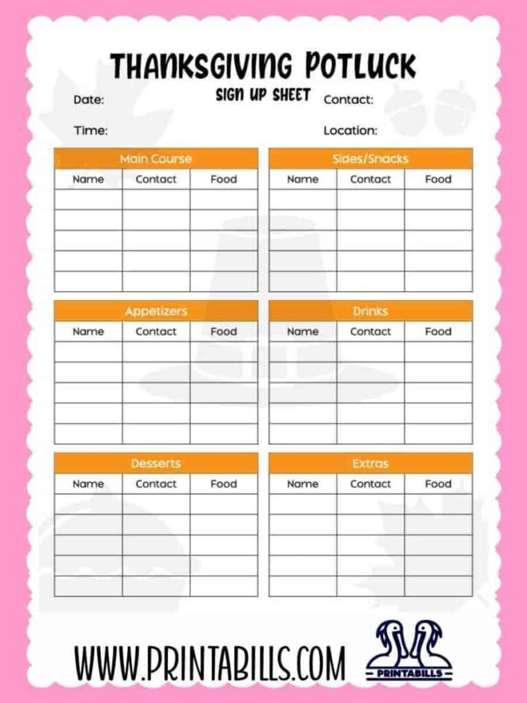 Thanksgiving Potluck Sign Up Sheet Template Printable