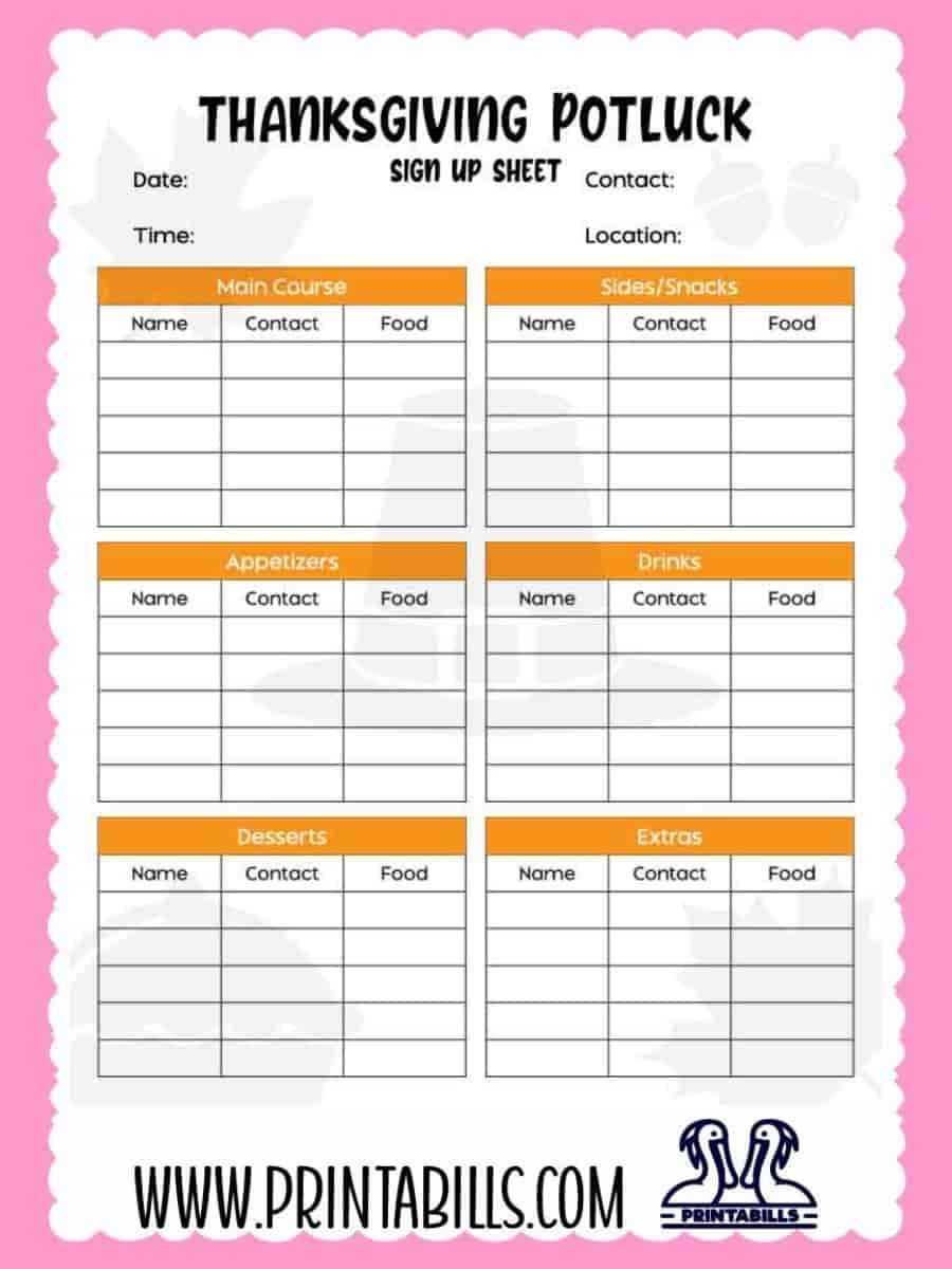 Thanksgiving Potluck Sign Up Sheet Template Printable