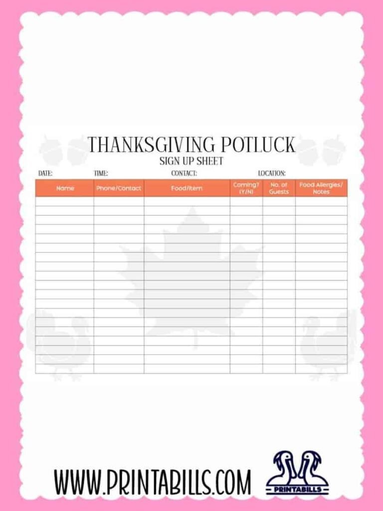 Thanksgiving Potluck Sign Up Sheet PDF Printable