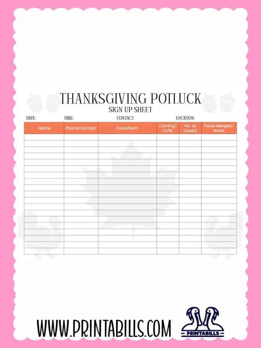 Thanksgiving Potluck Sign Up Sheet PDF Printable