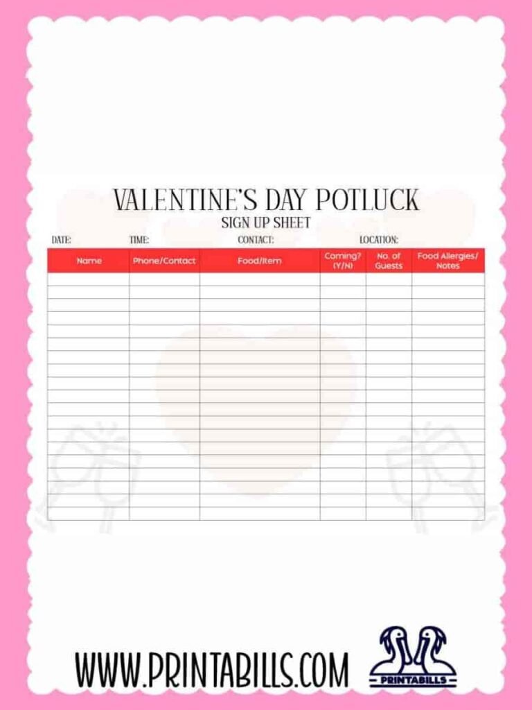 Valentine's Day Potluck Sign Up Sheet PDF Printable